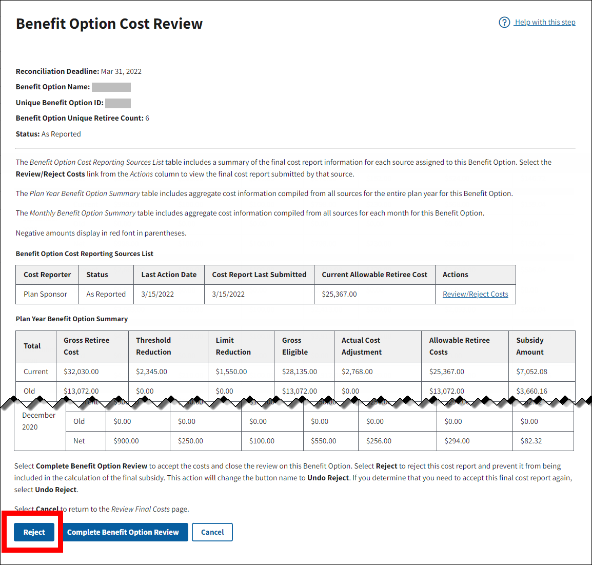 Benefit Option Cost Review page with sample data. Reject button is highlighted.