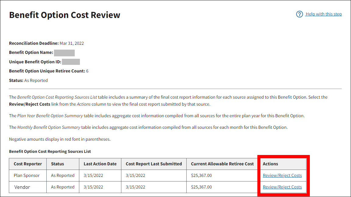 Benefit Option Cost Review page with sample data. Review/Reject Costs links are highlighted.