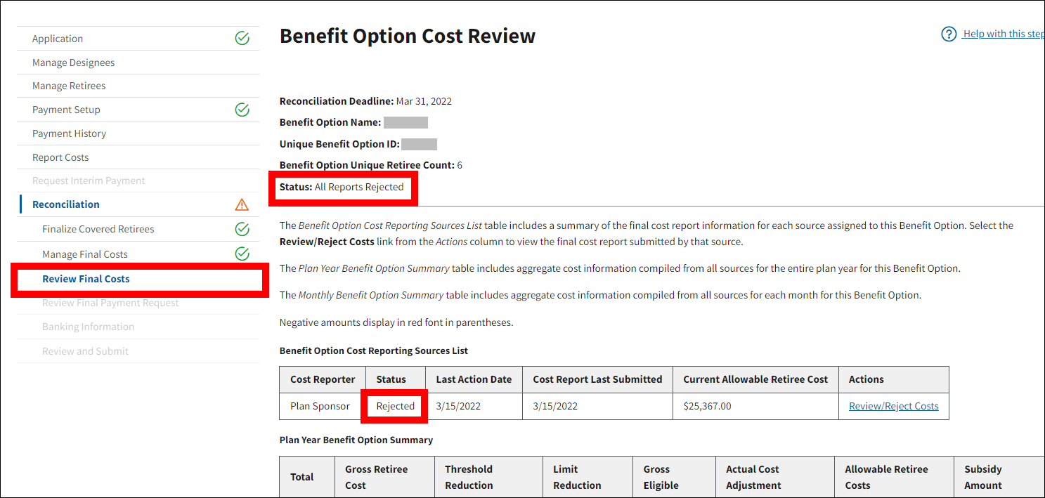 Benefit Option Cost Review page with sample data. Review Final Costs in left nav and status are highlighted.