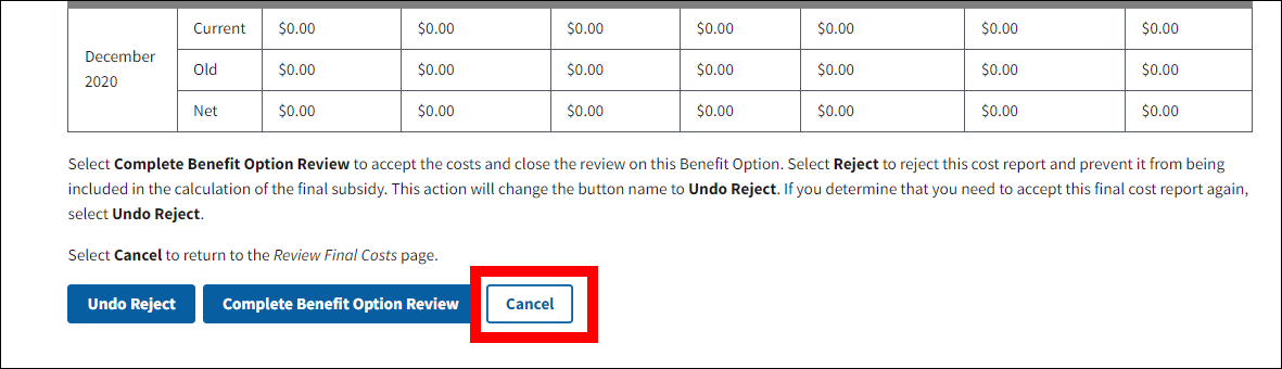 Benefit Option Cost Review page with sample data. Cancel button is highlighted.