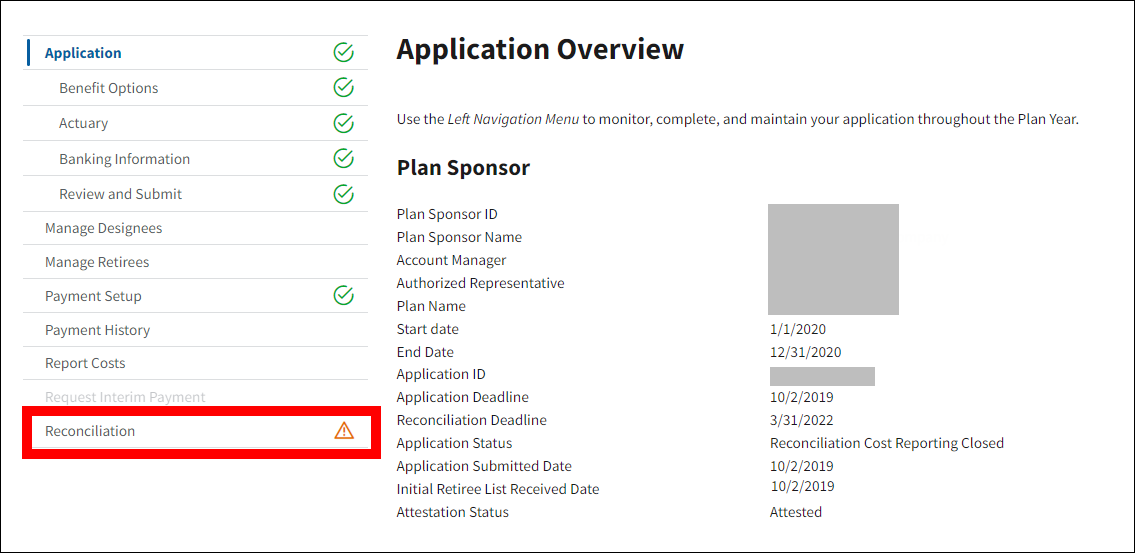 Application Overview page with sample data. Reconciliation is highlighted in left nav.
