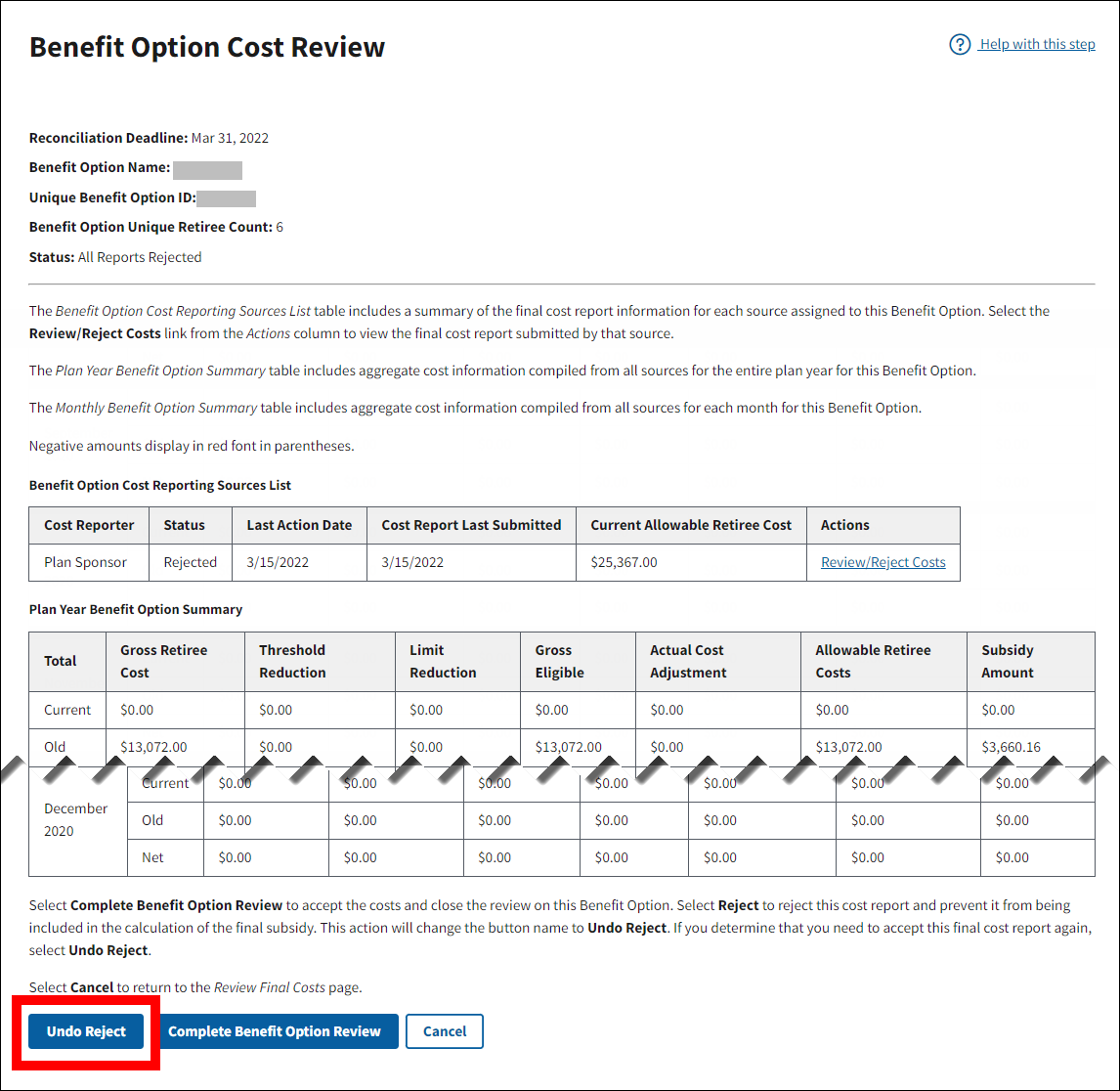 Benefit Option Cost Review page with sample data. Undo Reject button is highlighted.