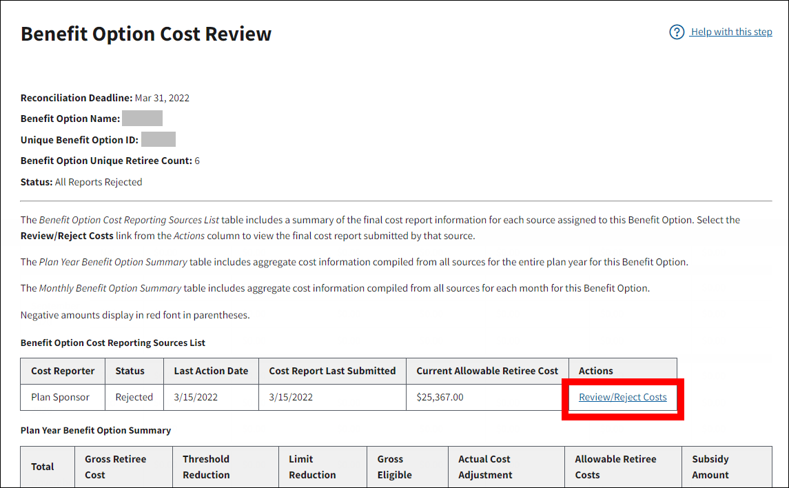 Benefit Option Cost Review page with sample data. Review/Reject Costs link is highlighted.