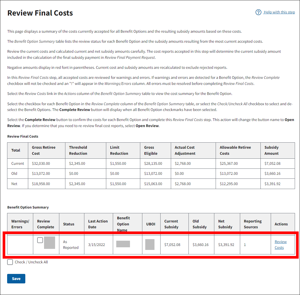 Review Final Costs page with sample data. Benefit Option Summary table is highlighted.