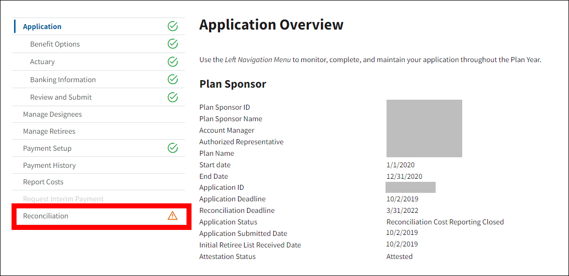 Application Overview page with sample data. Reconciliation is highlighted in left nav.