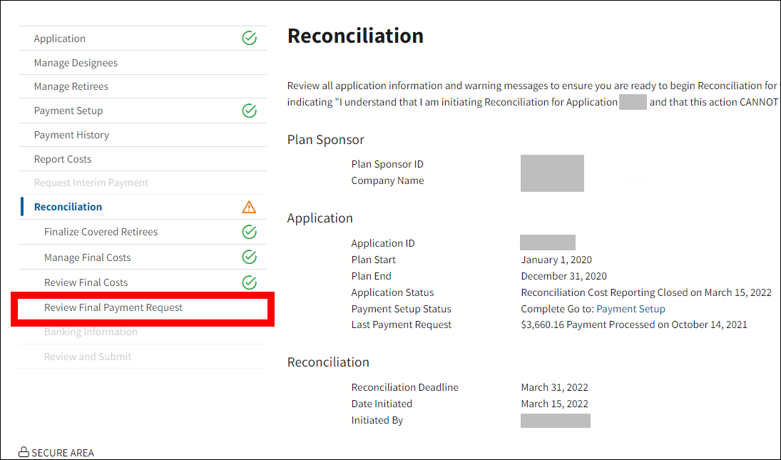 Reconciliation page with sample data. Review Final Payment Request is highlighted in left nav.