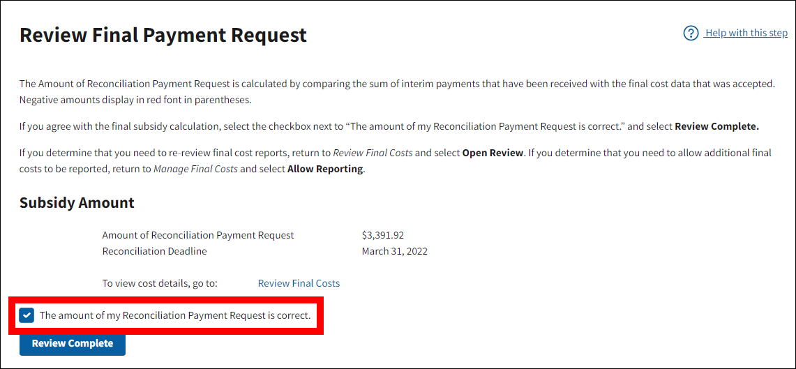 Review Final Payment Request page with sample data. Checkbox section is highlighted. Checkbox is selected, and Review Complete button is enabled.