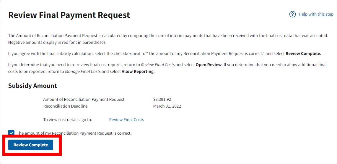 Review Final Payment Request page with sample data. Checkbox is selected, and Review Complete button is highlighted.