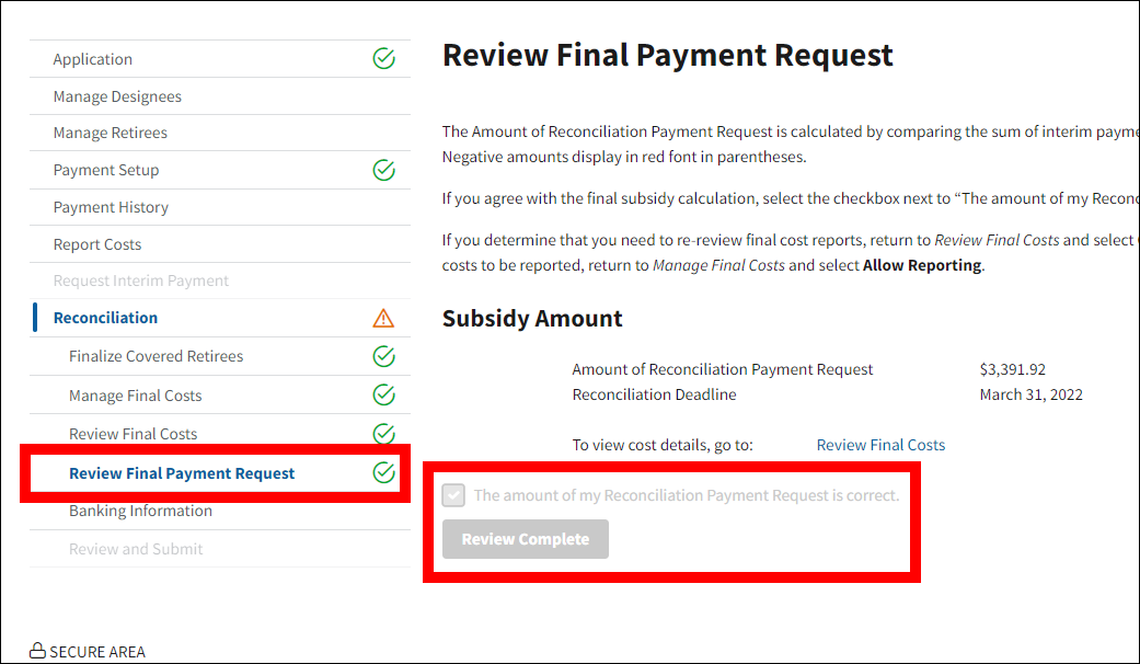 Review Final Payment Request page with sample data. Review Final Payment Request with complete status indicator in left nav is highlighted.