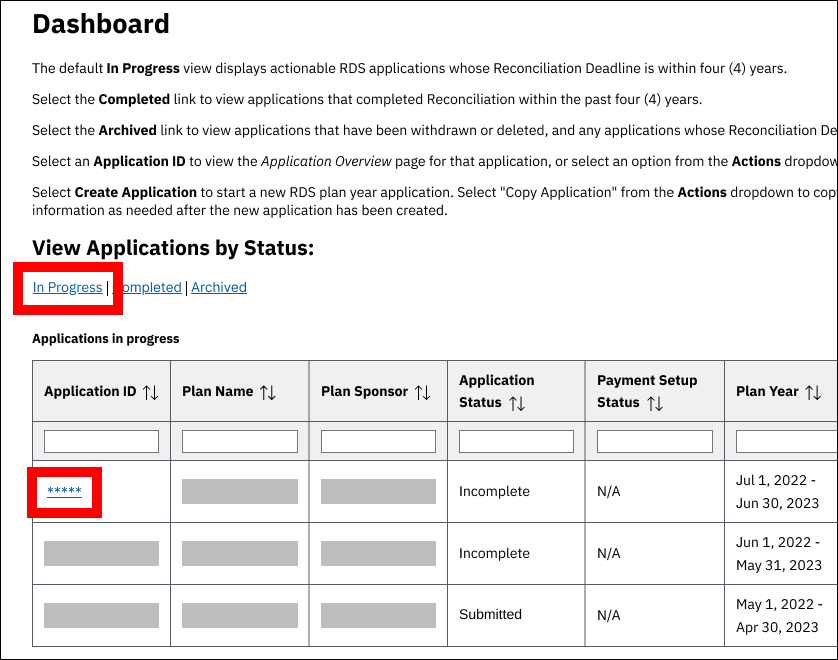 Dashboard page with sample data. In Progress and Application ID links are highlighted.