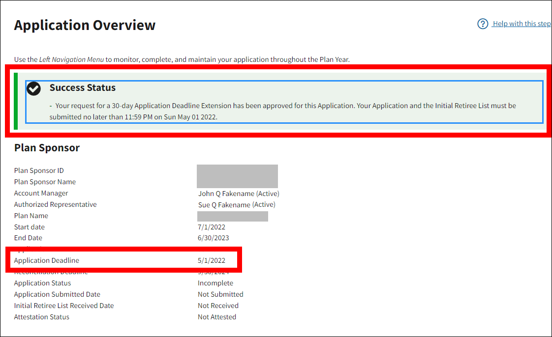 Application Overview page with sample data. Success message and Application Deadline are highlighted.