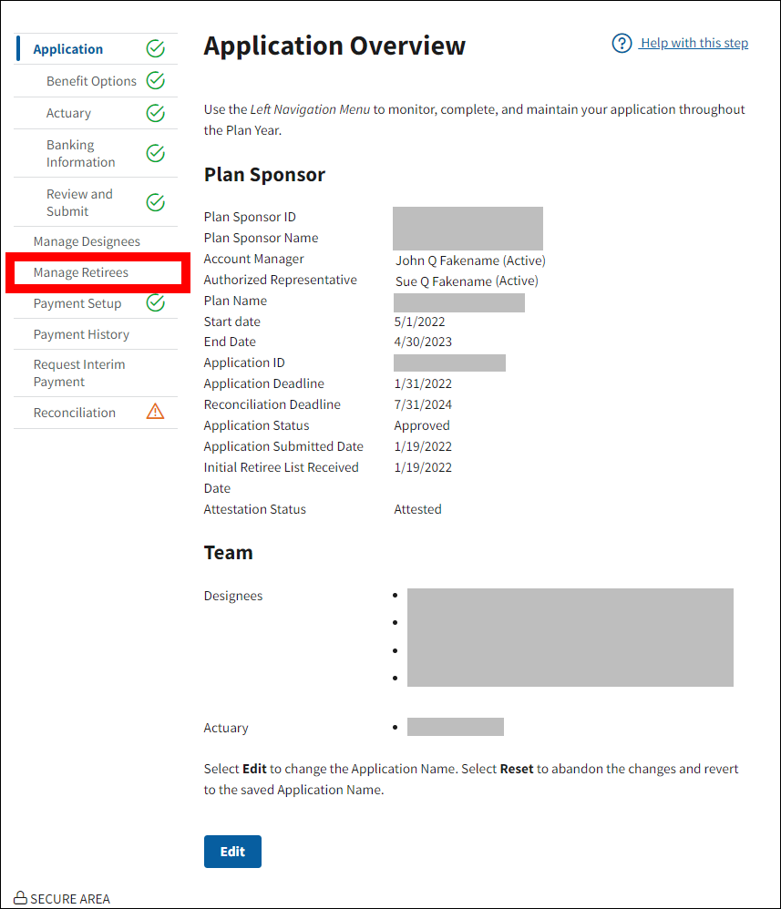 Application Overview page with sample data. Manage Retirees is highlighted in left nav.