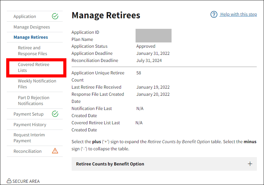 Manage Retirees page with sample data. Covered Retiree Lists is highlighted in left nav.