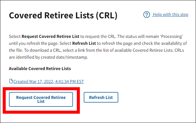 Covered Retiree Lists page with sample data. Request Covered Retiree List button is highlighted.