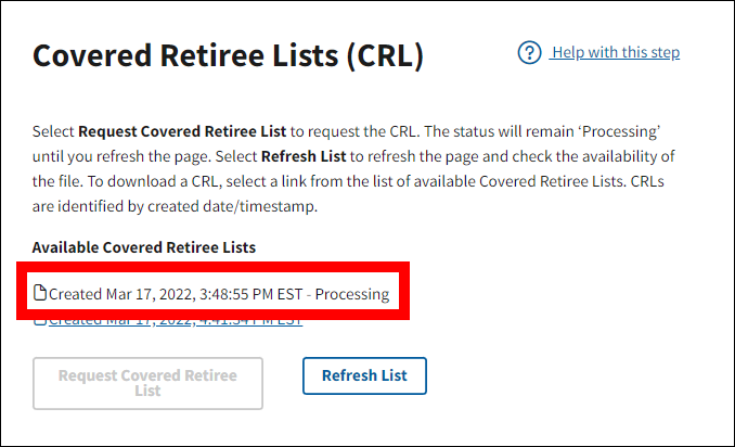 Covered Retiree Lists page with sample data. Request Covered Retiree List button is disabled, Covered Retiree List Processing information is highlighted.