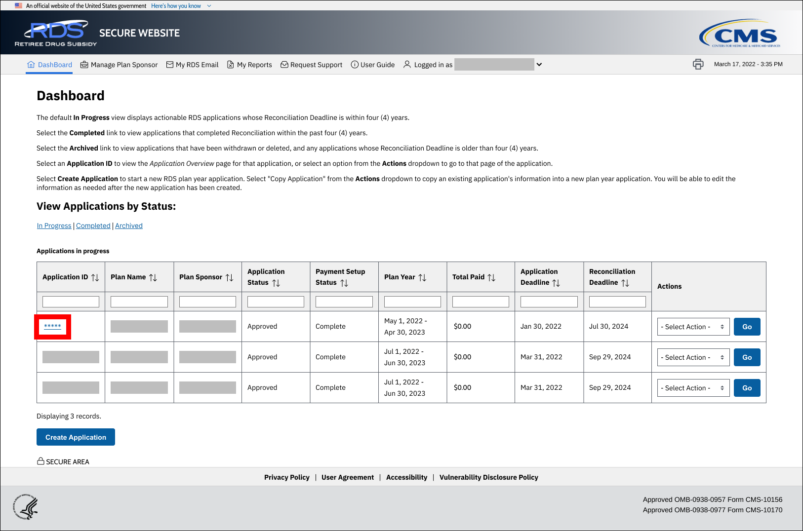 Dashboard page with sample data. Application ID link is highlighted.