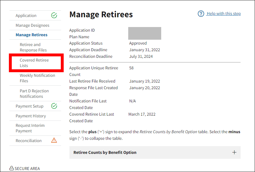 Manage Retirees page with sample data. Covered Retiree Lists is highlighted in left nav.