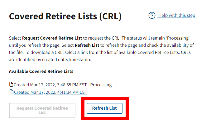Covered Retiree Lists page with sample data. Request Covered Retiree List button is disabled, and Refresh List button is highlighted.