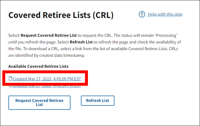 Covered Retiree Lists page with sample data. Available Covered Retiree List link is highlighted.