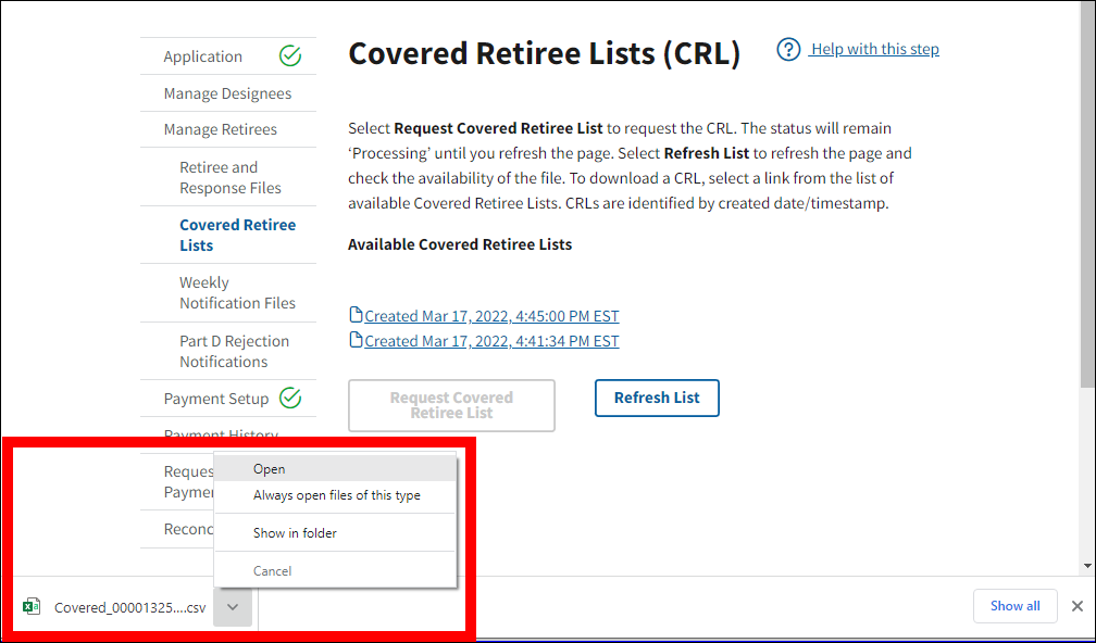 Covered Retiree Lists page illustrating a downloaded CRL file being opened.