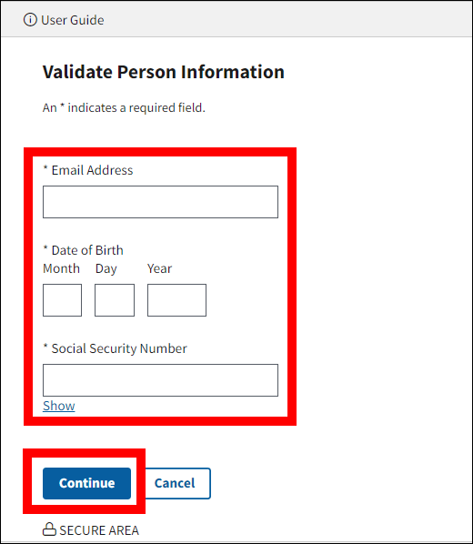 Validate Person Information page with form fields and Continue button highlighted.