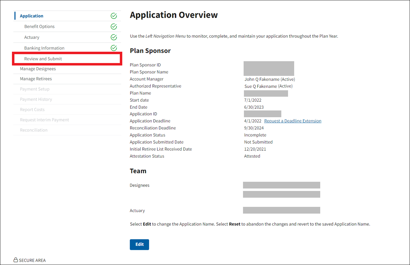 Application Overview page with sample data. Review and Submit is highlighted in left nav.