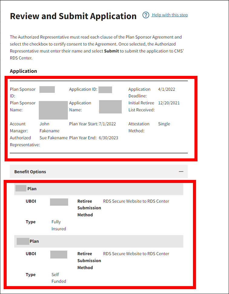 Review and Submit Application page with sample data. Application and Benefit Options sections are highlighted.