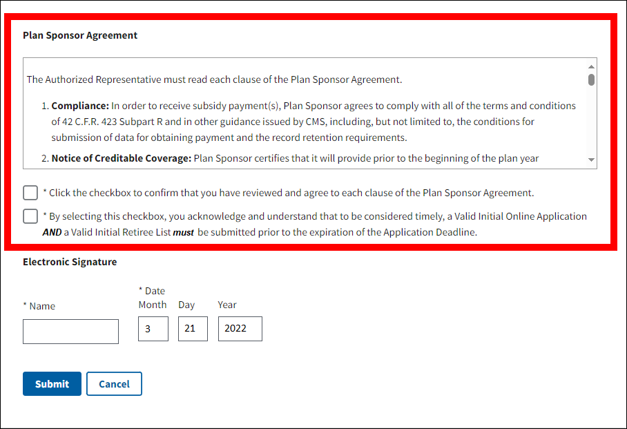 Review and Submit Application page with sample form data. Plan Sponsor Agreement and checkbox are highlighted.