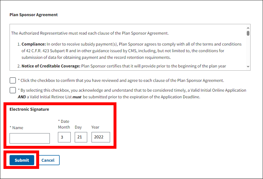 Review and Submit Application page with sample form data. Electronic Signature section and Submit button are highlighted.