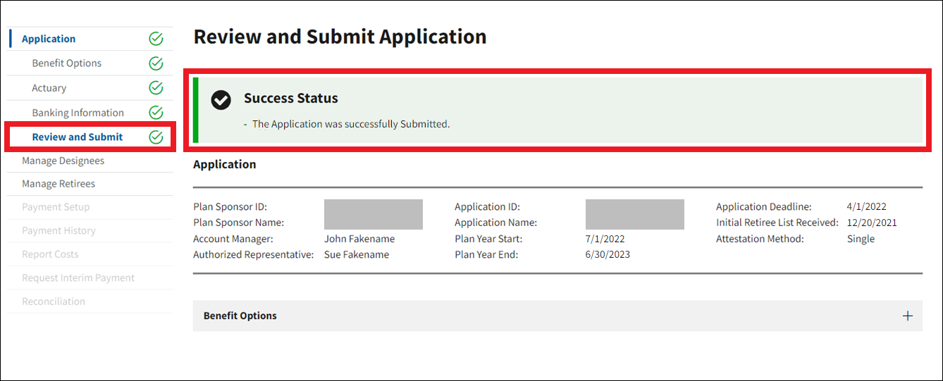 Review and Submit Application page with sample data. Success message and Review and Submit with complete status indicator in left nav are highlighted.
