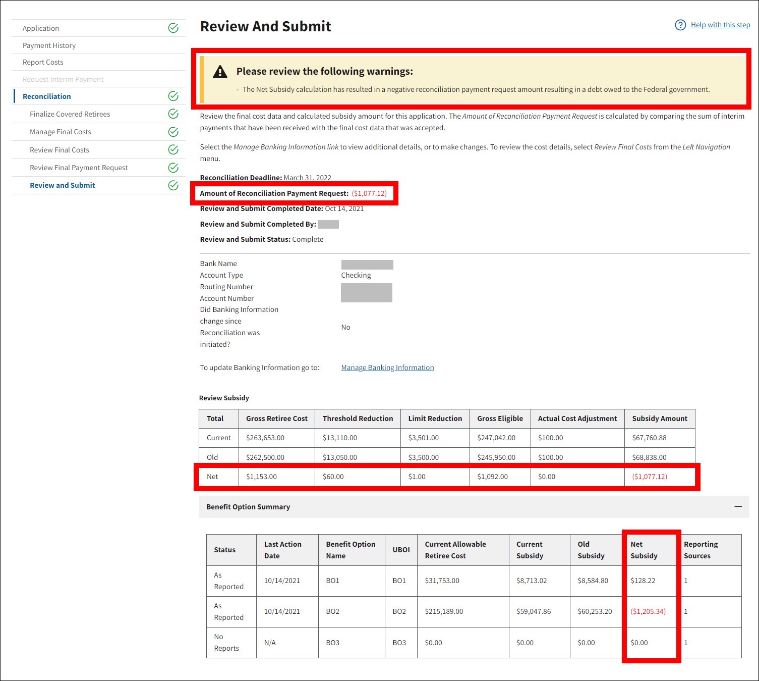 Review and Submit page with sample data. Warning message, Amount of Reconciliation Payment Request, Net row of Review Subsidy table, and Net Subsidy column of Benefit Options Summary table are highlighted.