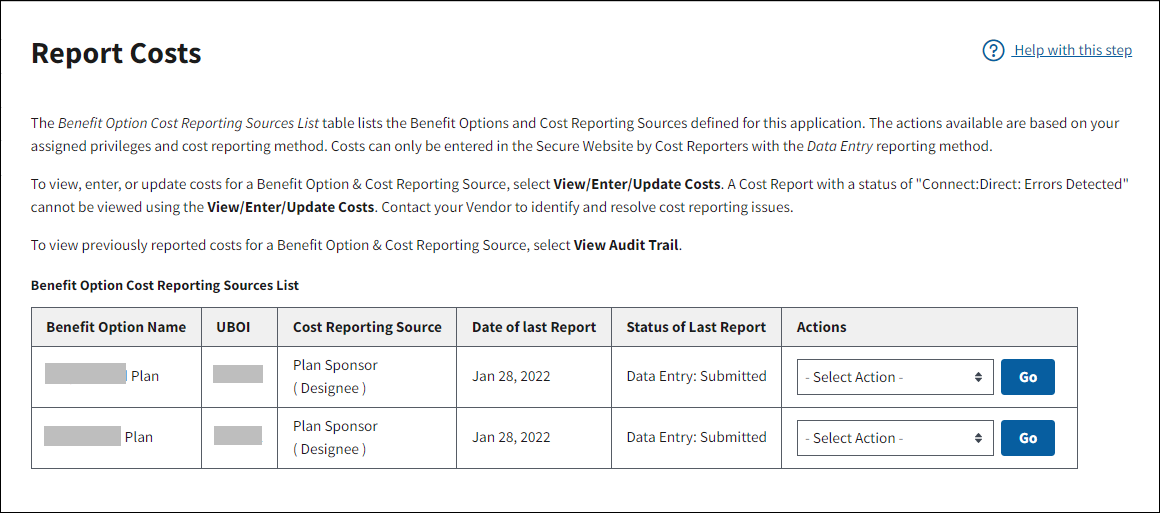Report Costs page with sample data.