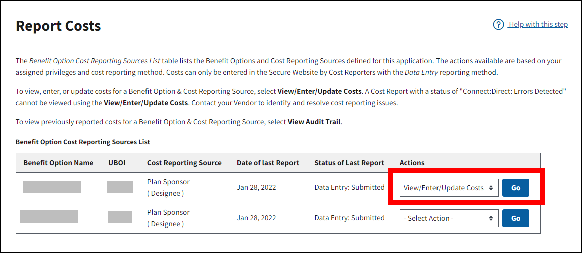 Report Costs page with sample data. Actions is highlighted.