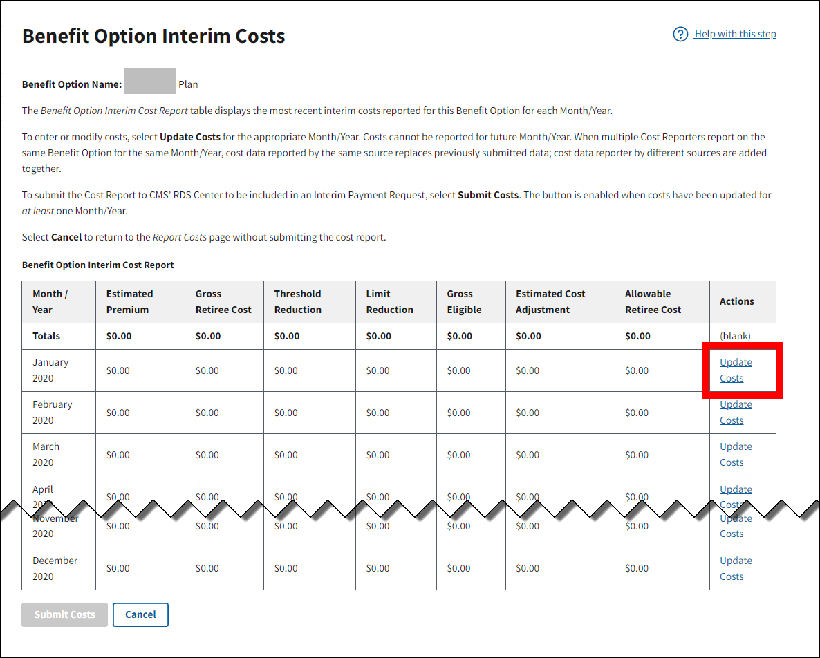 Benefit Option Interim Costs page with sample data. Update Costs link is highlighted.