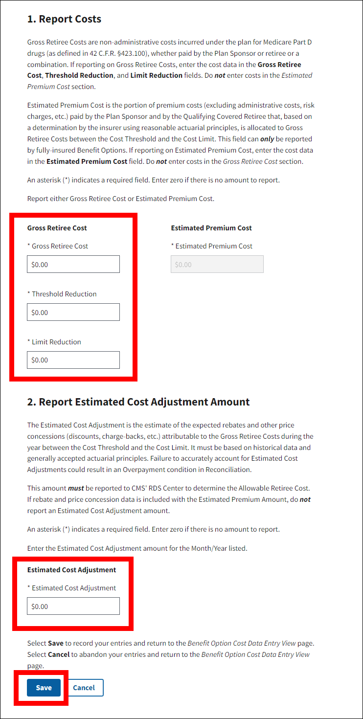 Update Benefit Option Interim Costs page with sample data. Form fields and Save button are highlighted.