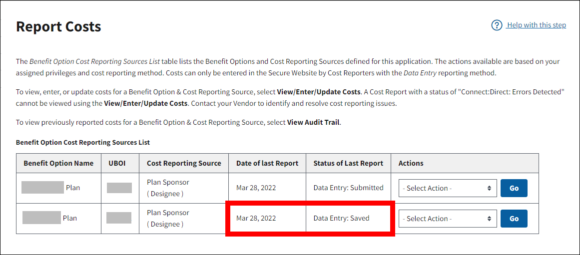 Report Costs page with sample data. Date and Status of Last Report are highlighted.