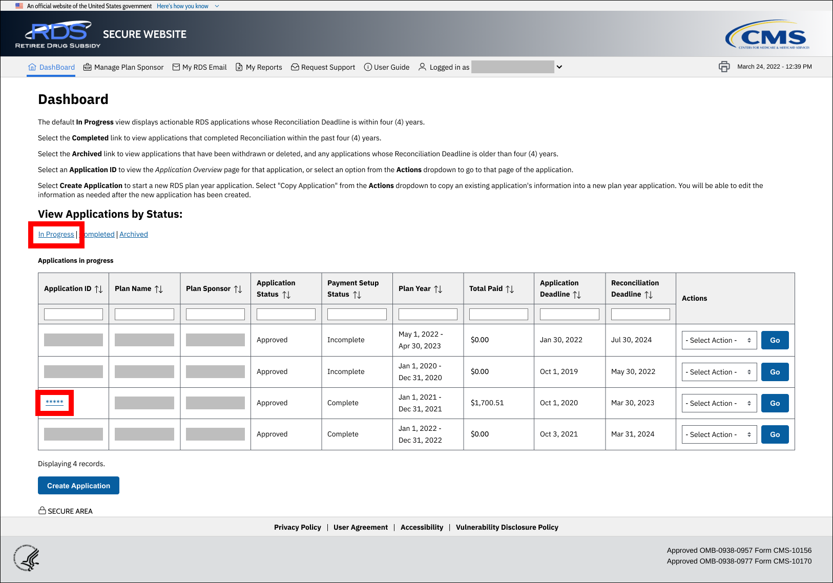 Dashboard page with sample data. In Progress and Application ID links are highlighted.