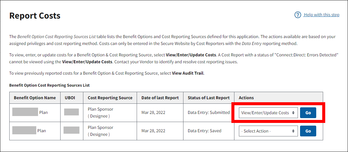 Report Costs page with sample data. Actions is highlighted.