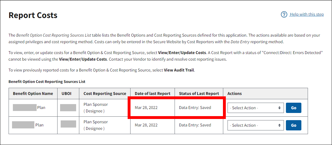 Report Costs page with sample data. Date and Status of Last Report are highlighted.
