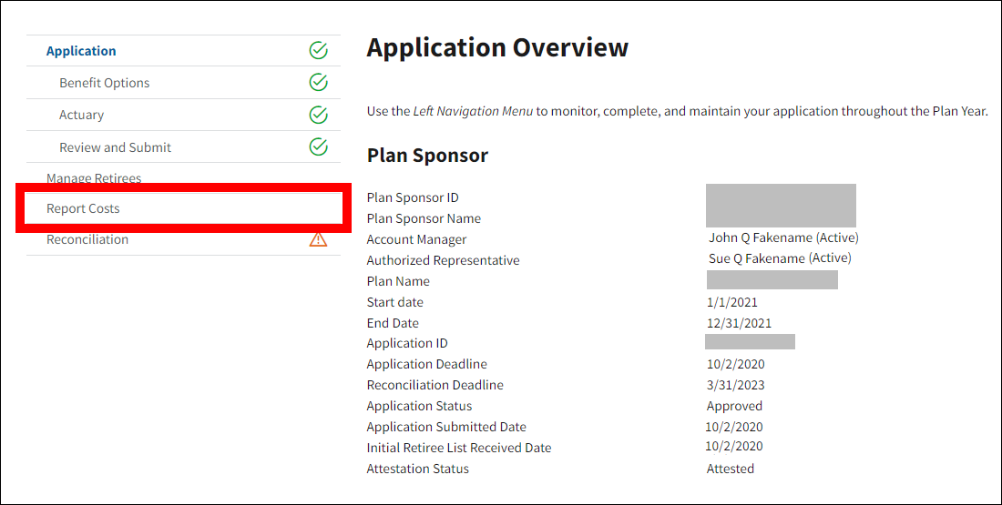 Application Overview page with sample data. Report Costs is highlighted in left nav.
