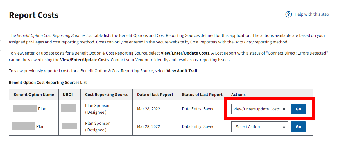 Report Costs page with sample data. Actions is highlighted.