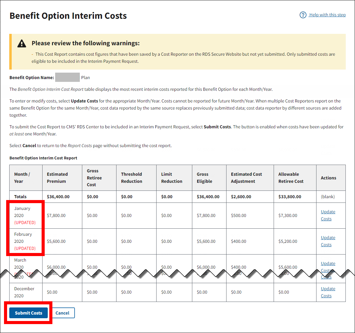 Benefit Option Interim Costs page with sample data. Updated Month/Year information in table and Submit Costs button are highlighted.