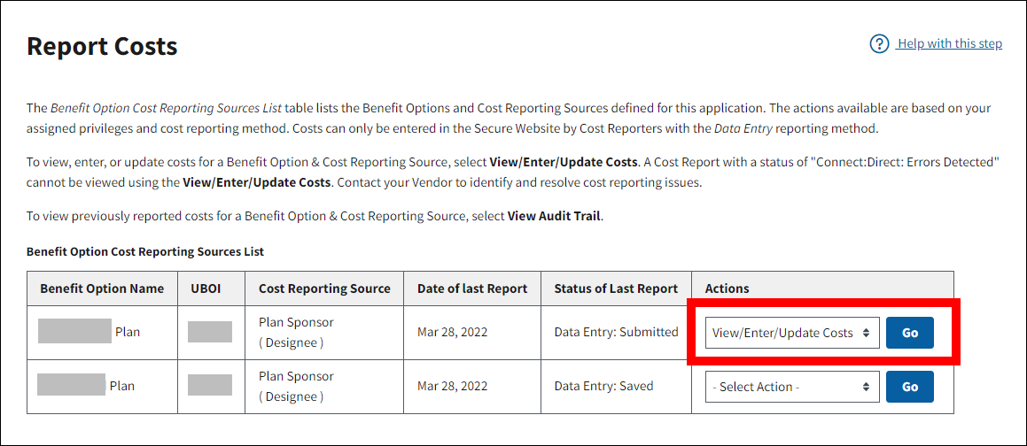 Report Costs page with sample data. Actions is highlighted.