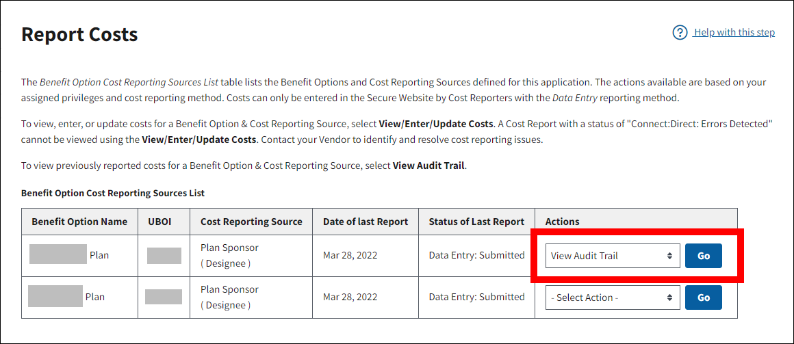 Report Costs page with sample data. Actions is highlighted.