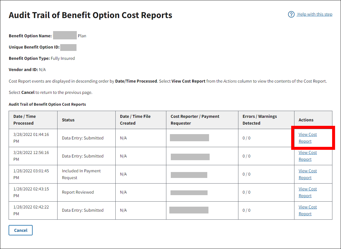 Audit Trail of Benefit Option Cost Reports page with sample data. View Cost Report link is highlighted.