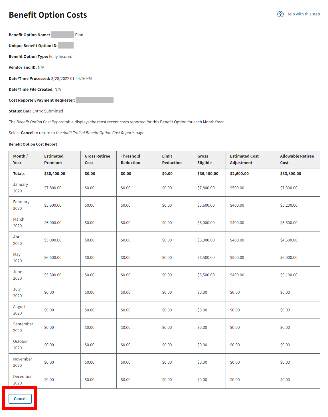 Benefit Option Costs page with sample data. Cancel button is highlighted.