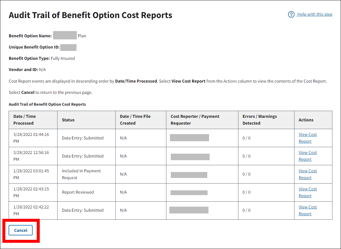 Audit Trail of Benefit Option Cost Reports page with sample data. Cancel button is highlighted.