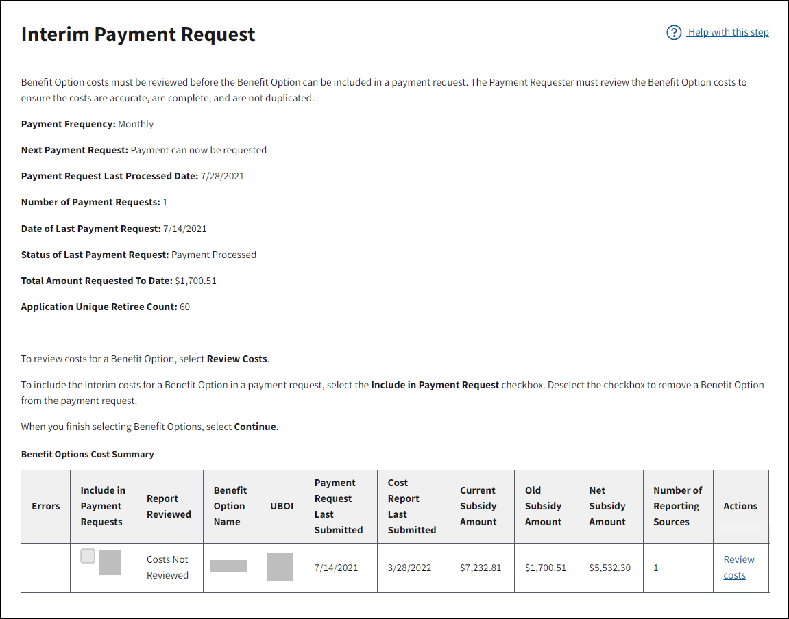 Interim Payment Request Page with sample data.