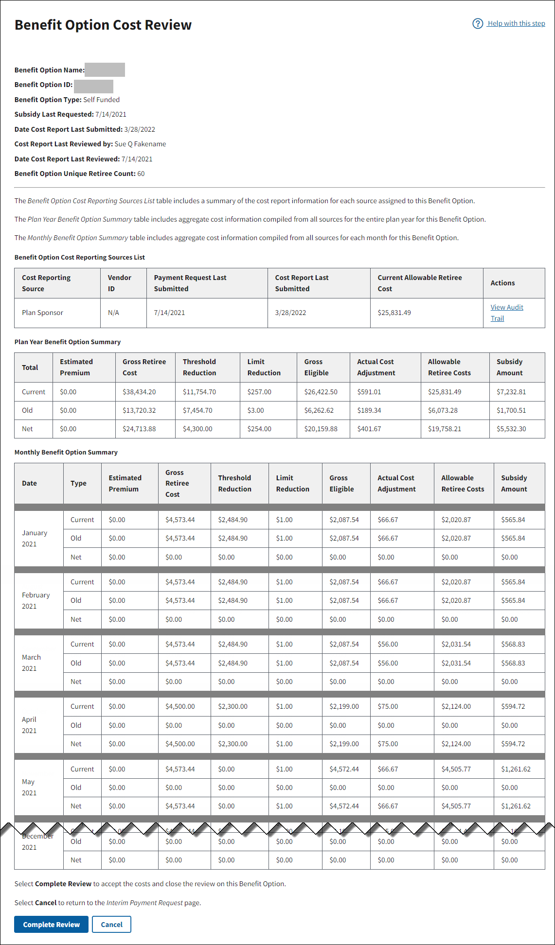 Benefit Option Cost Review page with sample data.