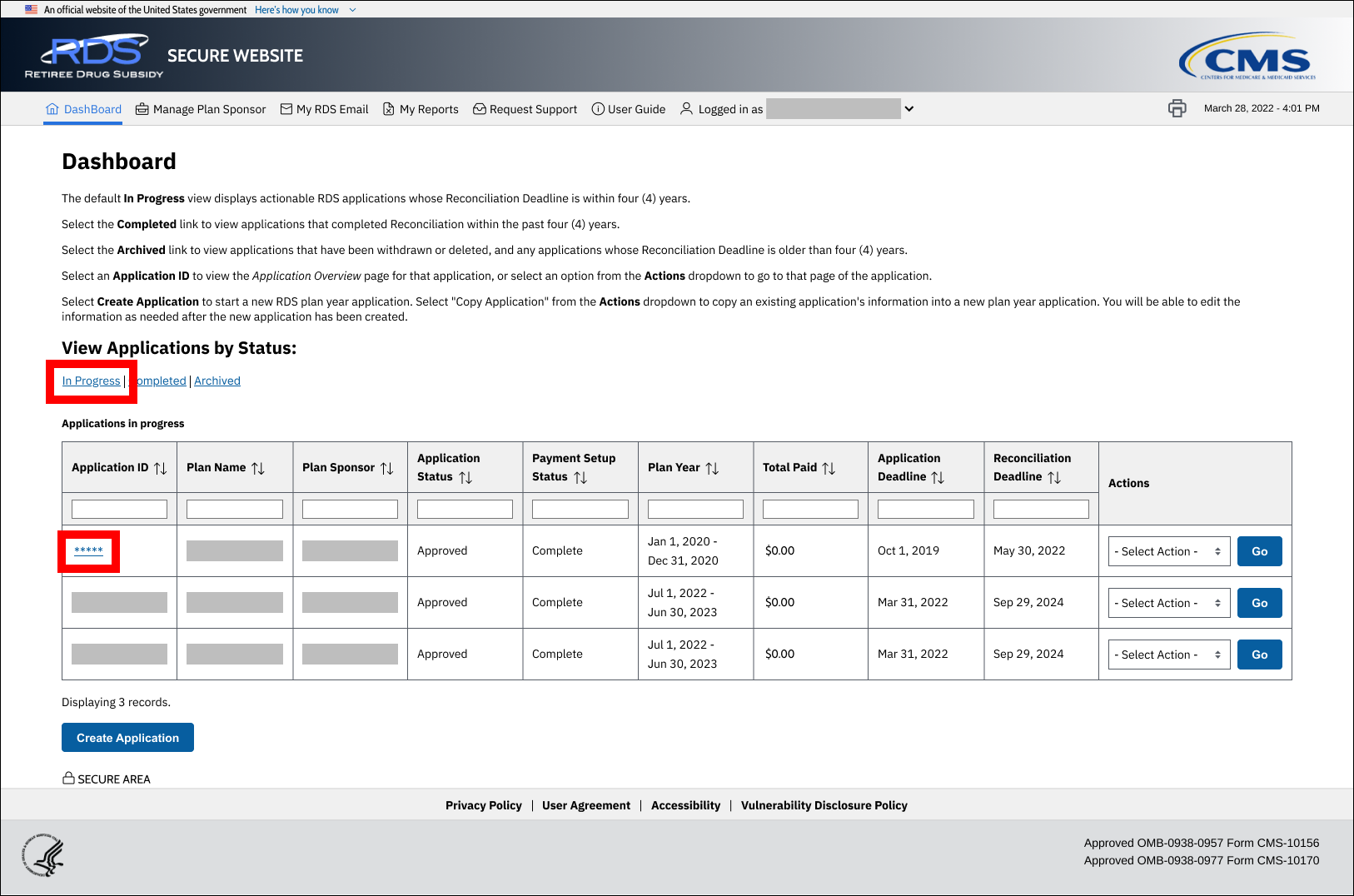 Dashboard page with sample data. In Progress and Application ID links are highlighted.